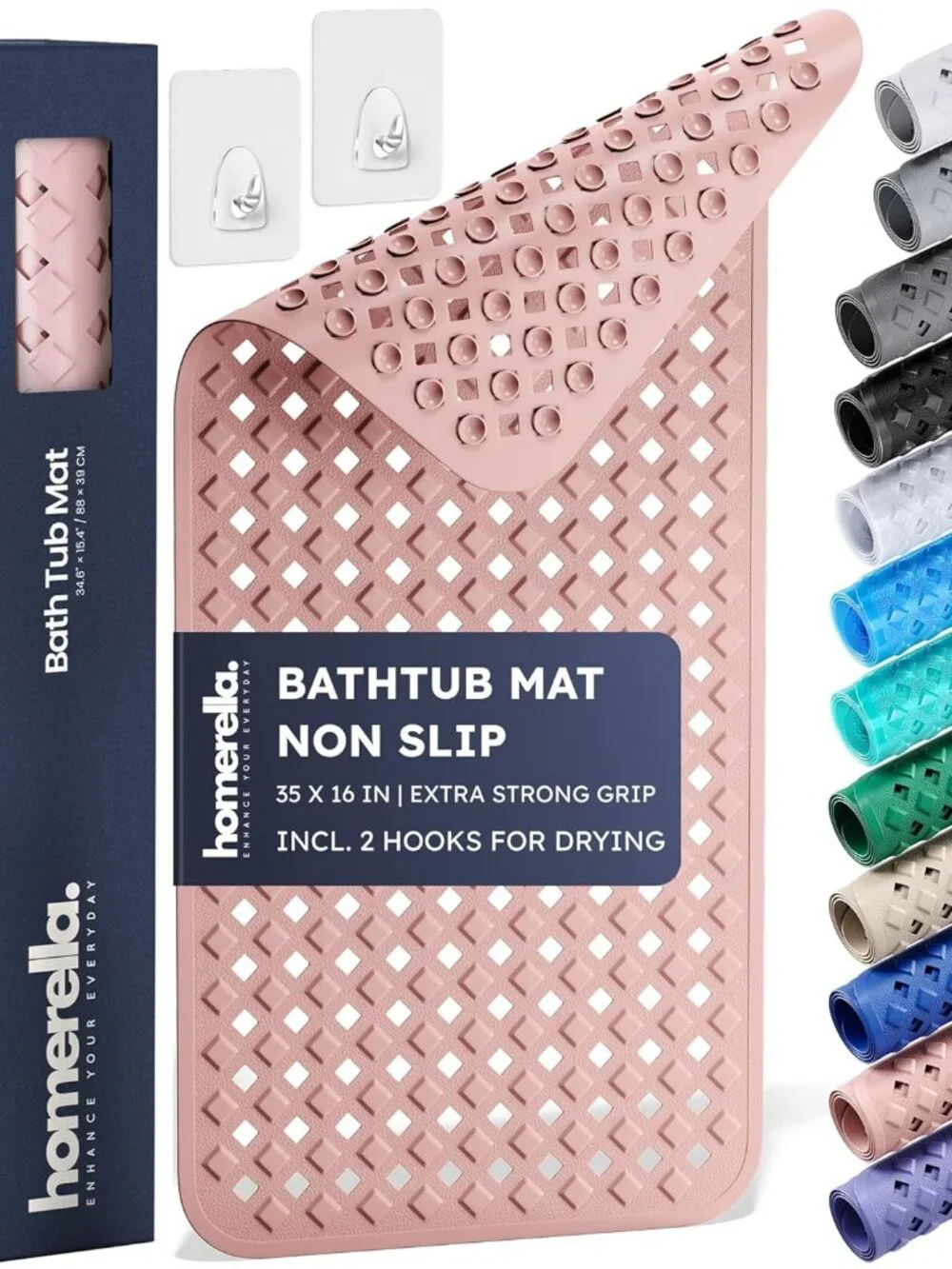 Non-Slip Bathtub Mat 35x16 - Eco-Friendly, Machine Washable, Includes Hooks
